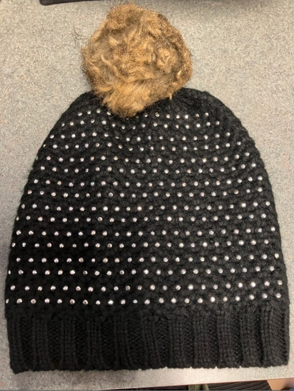 Studded Black Pom Beanie Hat, Silver Rhinestones, Knit